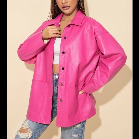5 for $25 CLEAROUT! Bright Pink Barbiecore Faux Leather Button Up Jacket Size L - Picture 1 of 14
